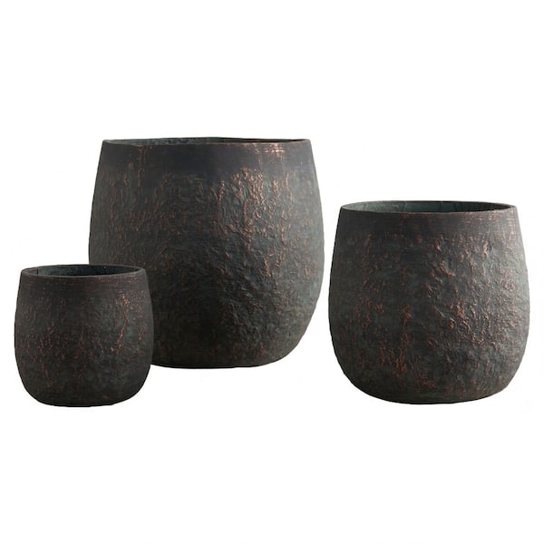 Weathered Concrete Bronze Tall Planter Pot with Drainage Holes for Indoor & Outdoor (17.32 in. W x 15.94 in. H) Set of 3