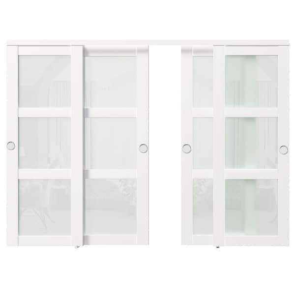 144 in. x 80 in. 3-Lite Frosted Glass MDF Pre-Drilled Sliding Door with Hardware Track Kit and Handle Need to Assemble