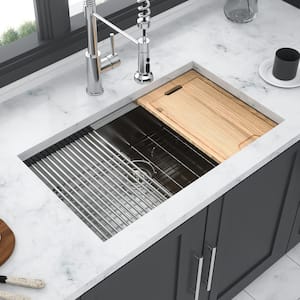 32 in. Undermount Single Bowl 18-Gauge Brushed Nickel Stainless Steel Kitchen Sink with Workstation