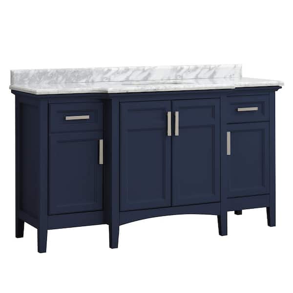 Cahaba Ellis 60 in. W x 22 in. D Bath Vanity in Midnight Blue with Carrara Marble Top with White Basin