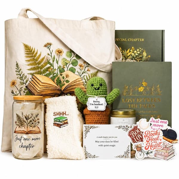 Book Lovers Gift Set for Women Glass Cup Tote Bag Reading Socks Candle Notebook Stickers 9-Piece Box