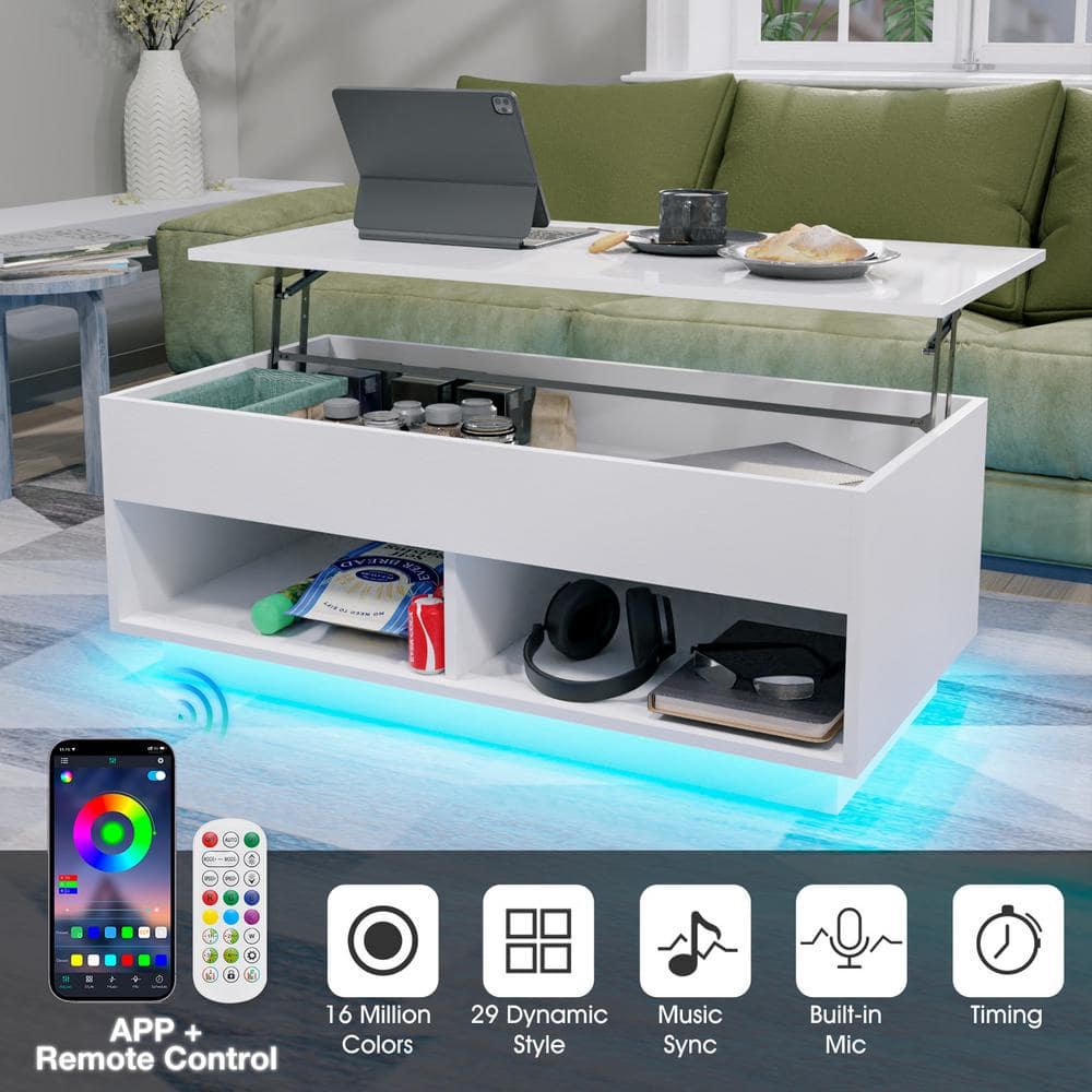 40" White Particle Board Lift-Top Coffee Table with LED Lights