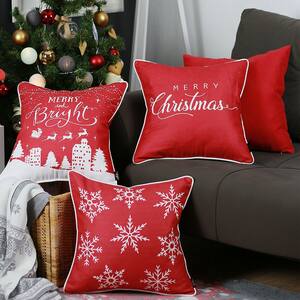 Decorative Christmas Throw Pillow Cover Square 18 in. x 18 in. Red and White for Couch, Bedding (Set of 4)