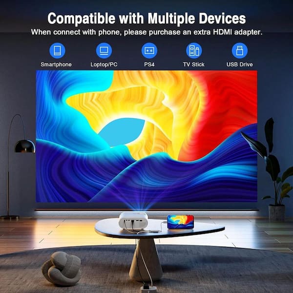 PUSOKEI Mini Projecteur, Projecteur LED Portable 1080P, Projecteur De Cinéma Multimédia Pour La Maison, Compatible Avec La Carte AV/HDMI/USB/Flash, Avec Rack Et Télécommande((Blanc Jaune