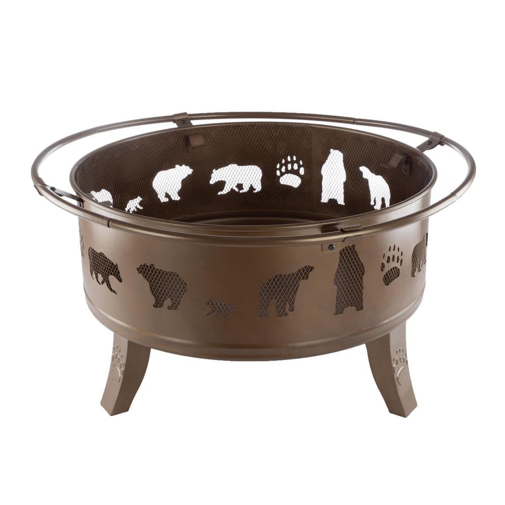 32-Inch Antique Gold Steel Wood Burning Fire Pit with Bear Cutouts