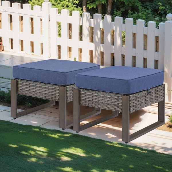 Rectangular Framed 2-Pack Wicker Outdoor Ottoman Steel Frame Footstool with Removable Blue Cushions