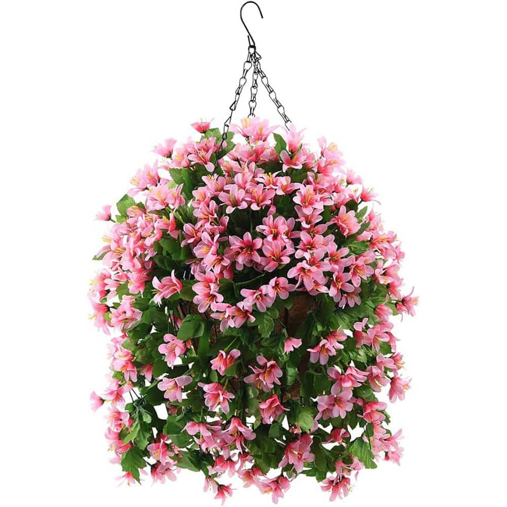 20.1 in. Pink Outdoor Artificial Silk Violet in Basket