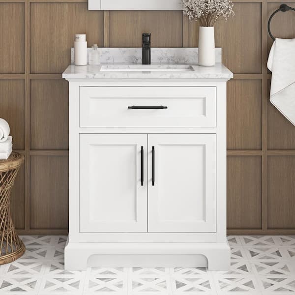 Doveton 30 in. Single Sink Freestanding White Bath Vanity with White Engineered Marble Top (Assembled)