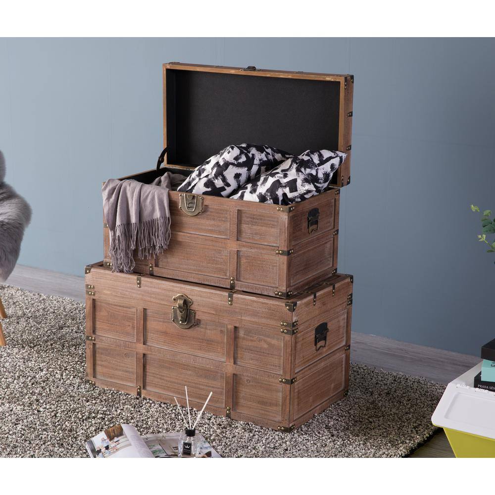 Rustic Wooden Rectangular Storage Trunk Set with Metal Accents