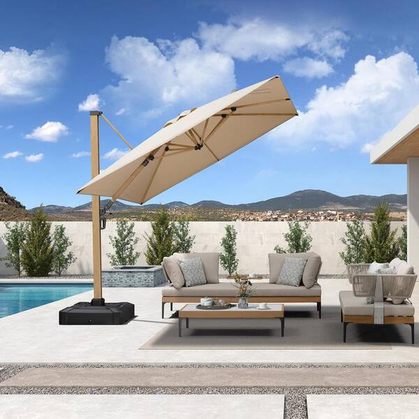 PURPLE LEAF 9 ft. Square Outdoor Patio Cantilever Umbrella Teak Finished Offset 360° Rotation Umbrella in Beige