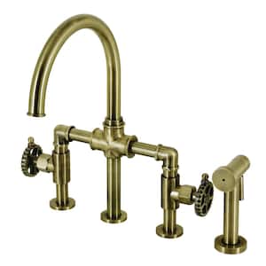 Fuller Double-Handle Deck Mount Gooseneck Bridge Kitchen Faucet with Brass Sprayer in Antique Brass