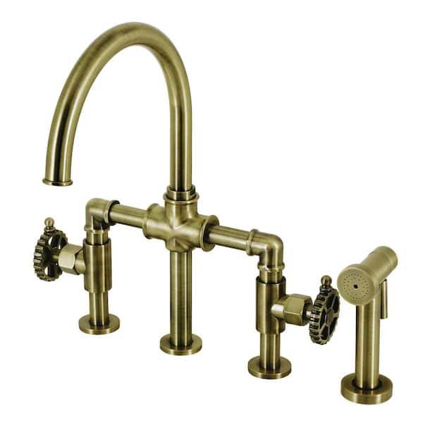 Kingston Brass Fuller Double Handle Deck Mount Gooseneck Bridge Kitchen Faucet With Brass 8184