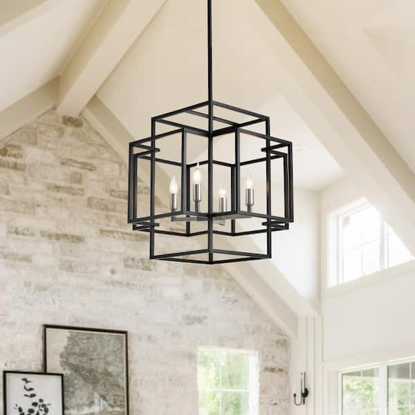 4-Light Industrial Chandelier Dining Room Lighting Fixture Foyer Cage Kitchen Island Ceiling Lamp, Black and Nickel