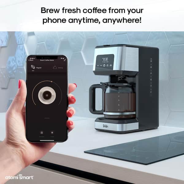 Black/ Stainless Steel 12 Cup From Anywhere atomi: Smart WiFi Coffee Maker 