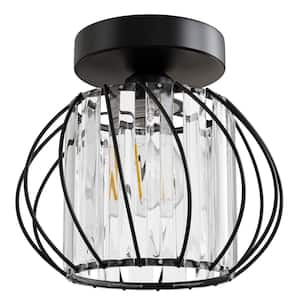 7 in. 1-Light Black Modern Crystal Semi Flush Mount Ceiling Light with Cage Design for Hallway, Entryway, or Bedroom