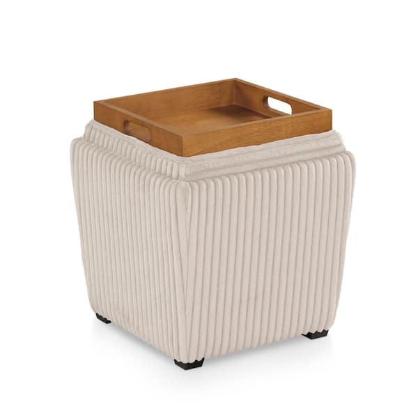 Fana Beige Corduroy Fabric Square Storage Ottoman With Tray Top