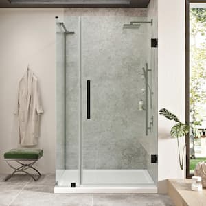 Tampa-Pro 32in. L x 32in. W x 75in. H Corner Shower Kit w/Pivot Frameless Shower Door in Black w/Shelves and Shower Pan