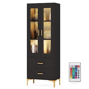 Eulas 64.96 in. Tall Black Particle Board 3-Shelf Bookcase with LED Light, Doors and Drawers