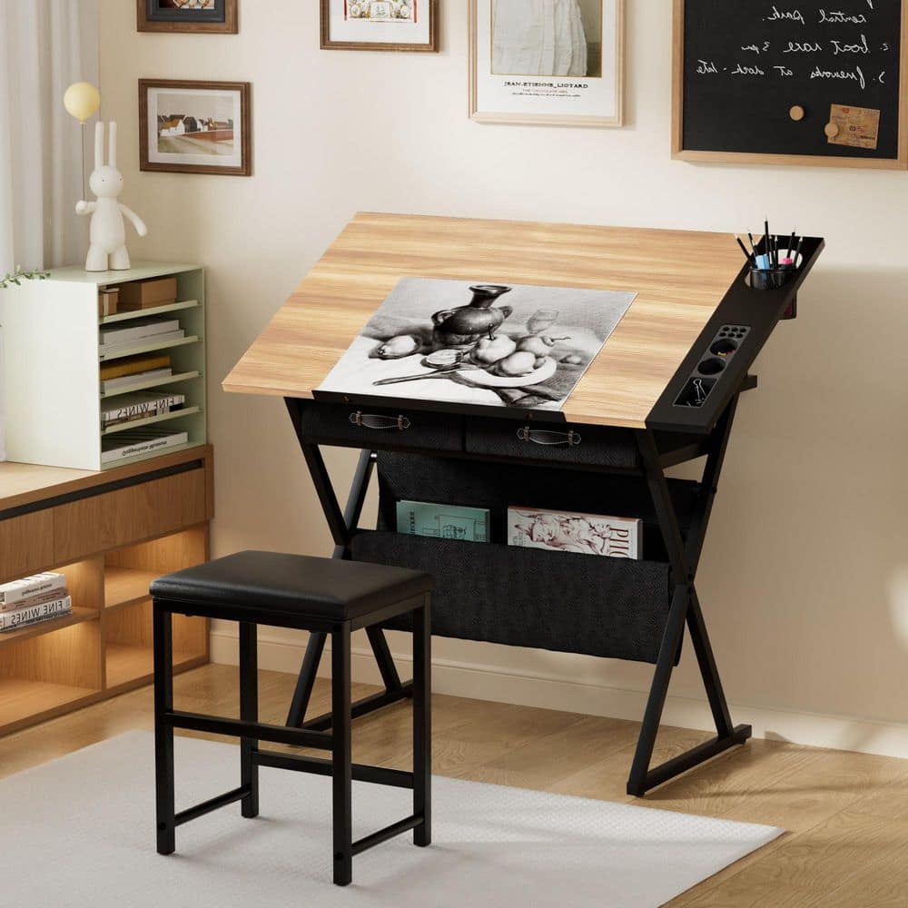 Adjustable Drafting Table with Stool, Tilting Art Desk Drawing Table with Storage Drawers & Pencil Holder, Oak