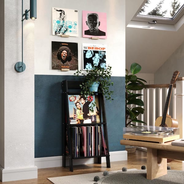 Jela-USA Jela Solid Wood Split 3-Shelf Ladder Bookcase H 36.3 in. W 17.2 in. D 11 in. Black