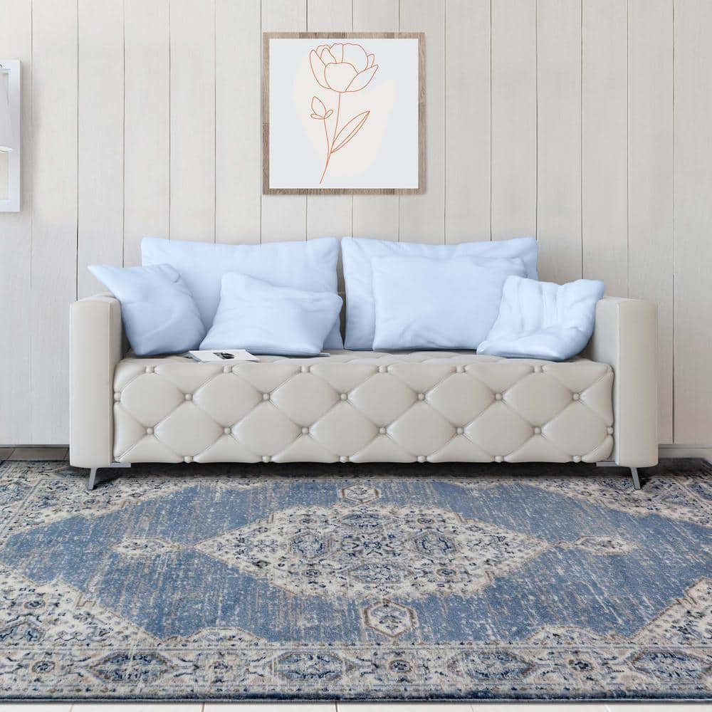 SUPERIOR Kailani Blue/Cream 5 ft. x 7 ft. Modern Farmhouse Medallion ...