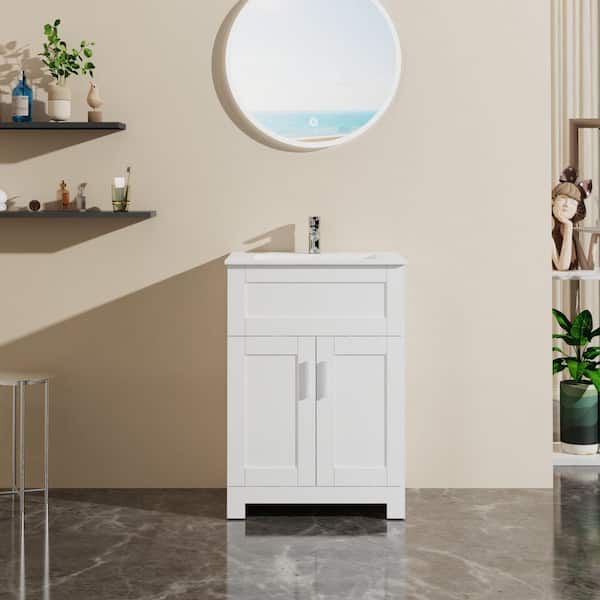 24 in. Freestanding White Bath Vanity with White Ceramic Top