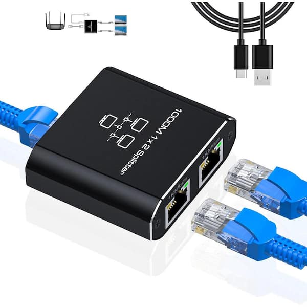 1 Amp Gigabit Ethernet Splitter Network Splitter with USB Cable and 1000 Mbps High Speed in Black
