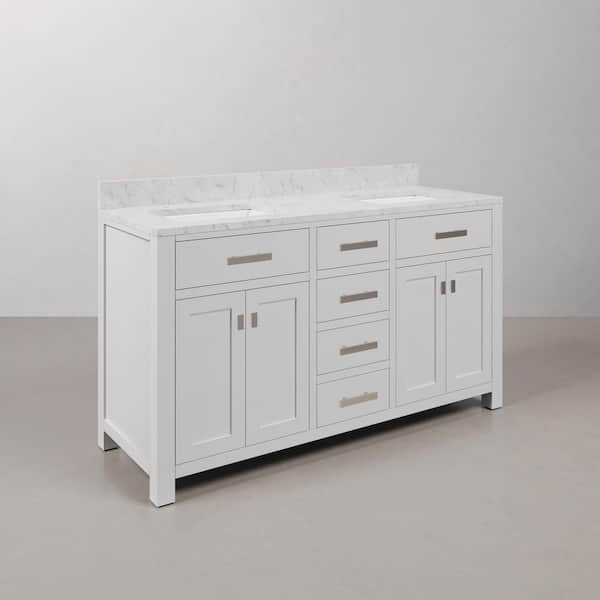 Madison 60 in. W x 21.5 in. D x 34 in. H Double Sink Bath Vanity in Pure White with Carrara White Marble Top and Mirror