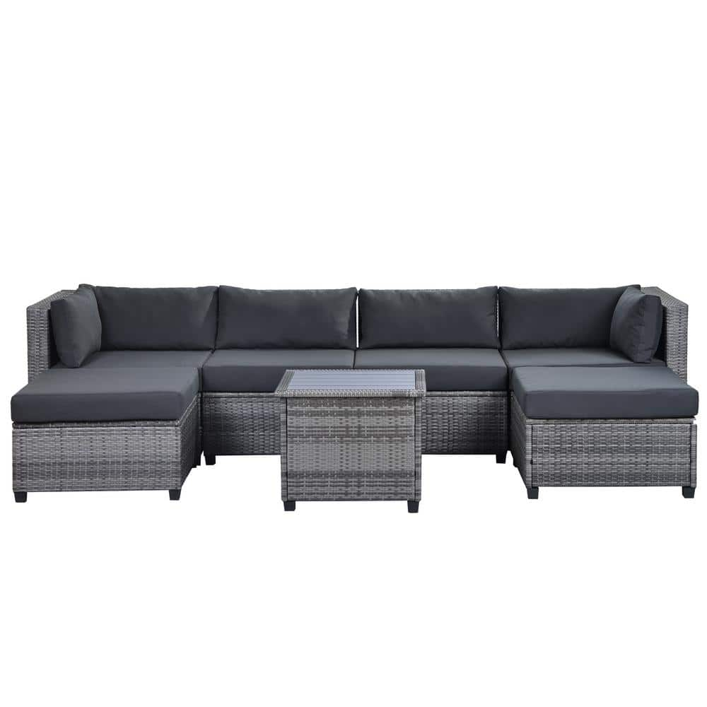 Zeus & Ruta 7-Piece Gray Wicker Outdoor Sectional Seating Group with ...