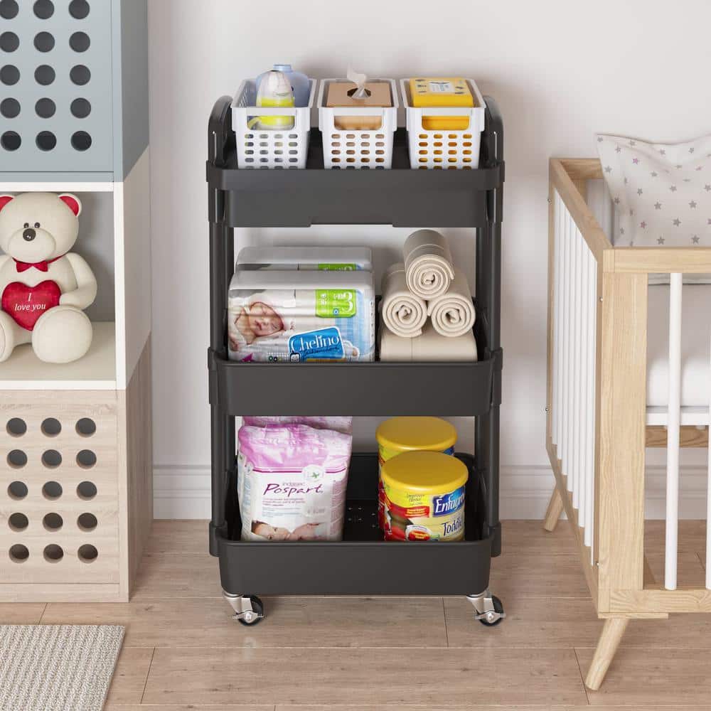 Black Metal 3-Tier Rolling Utility Storage Cart with Wheels