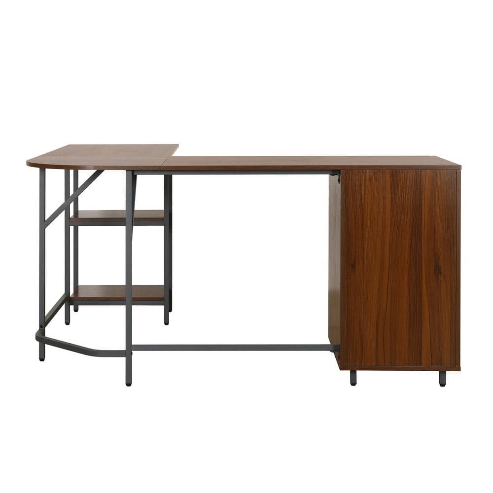 Rustic Walnut Wood Corner Gaming Desk with Drawer Storage