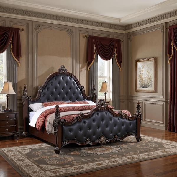 Benjara Moni Cherry Brown and Black Wood Frame Queen Size