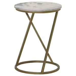 14.5 in. White and Antique Gold Round Marble Top Accent Table