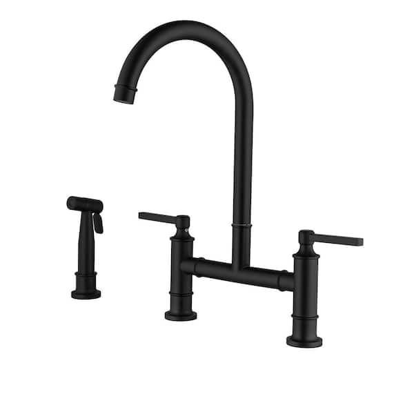 AIMADI Double -Handle Bridge Kitchen Faucet with Side Sprayer Modern 3 Hole Stainless Steel Kitchen Basin Taps in Matte Black