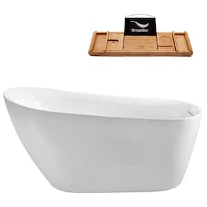 59 in. Acrylic Flatbottom Freestanding Bathtub in Glossy White with Brushed Nickel Drain