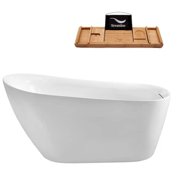 59 in. Acrylic Flatbottom Freestanding Bathtub in Glossy White with Brushed Nickel Drain