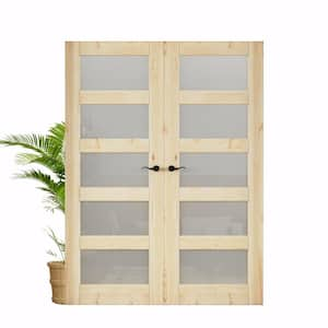 60 in. x 80 in. 5-Lite Frosted Glass Universal Solid Core Unfinished Pine Wood Double Prehung French Door with Jamb