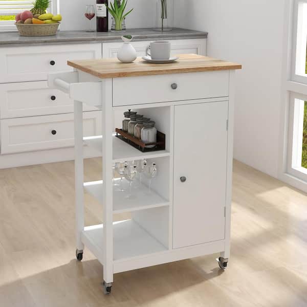 FAMYYT White Rolling Rubber Wood Tabletop 26 in. Kitchen Island with Drawers