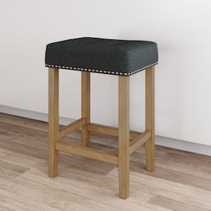 Hylie 24 in. Gray Nailhead Saddle Cushion Light Brown Wood Counter Height Bar Stool