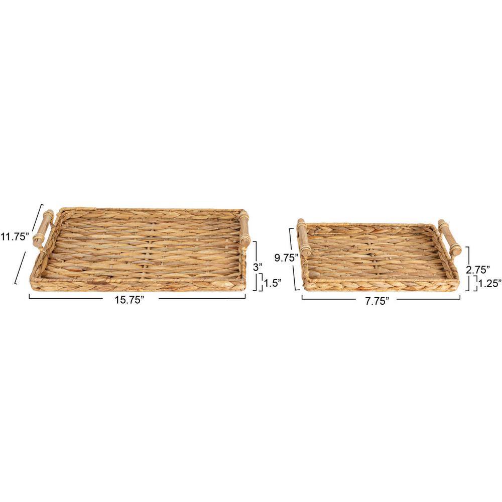 Natural Water Hyacinth Rectangular Tray Set with Wood Handles