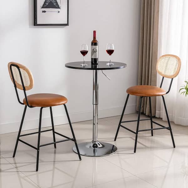 Lirago Whiskey Brown Frame Rattan Counter Height Bar Stools With Faux Leather Seat (Set of 4)