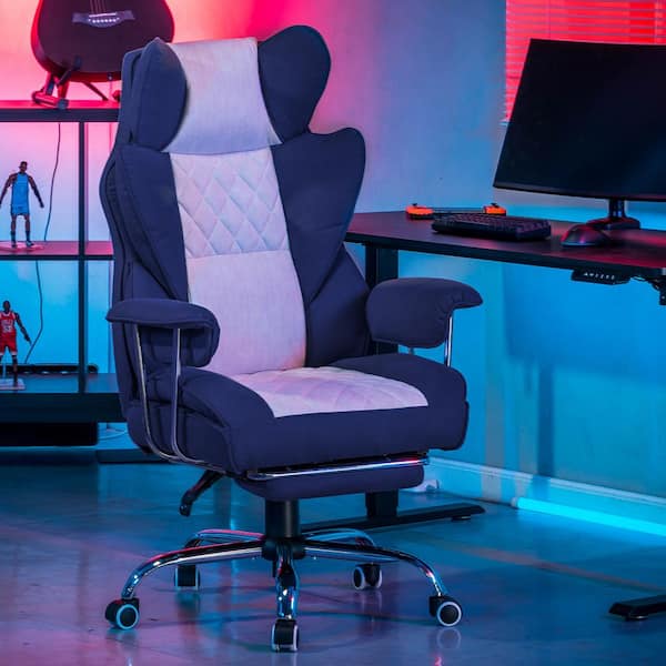 Fabric Gaming Chair Adjustable Height Ergonomic Office Desk Computer Chair in Dark Blue and White