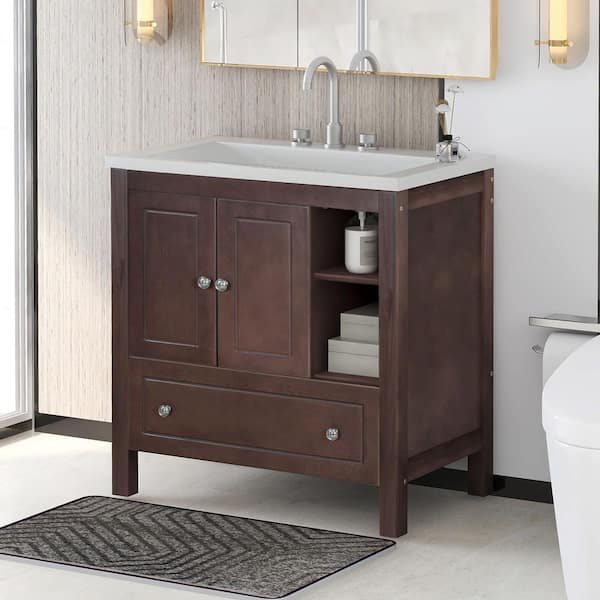 FAMYYT 30 in. W x 18 in. D x 32.1 in. H Single Sink Freestanding Solid Wood Bath Vanity in Brown with White Ceramic Top