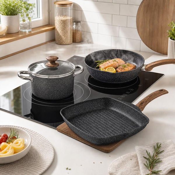 Numhew 30 Piece Aluminum Nonstick Cookware Set in Black, Granite Coating Pots and Pans for Kitchen, Induction Cookware Sets