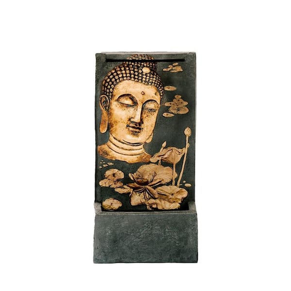 Xbrand 29.5 in. H Bronze and Natural Polystone Indoor Outdoor Buddha Face Water Wall Fountain w/Pump and Splash Guard