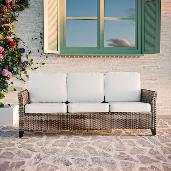 COOS BAY 3 Seat Wicker Outdoor Patio Sofa Couch with Deep Seating and Beige Cushions
