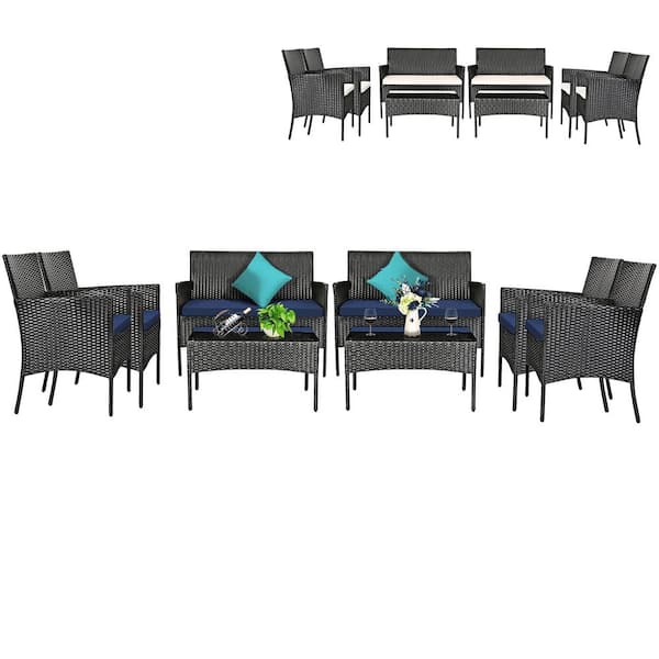 Costway 8-Piece PE Rattan Patio Conversation Wicker Furniture Set Coffee Table w/Off White & Navy Cover Cushions