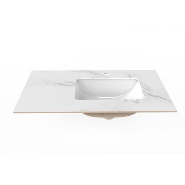 castellousa Cassandra 36 in. W x 22 in. D Porcelain Vanity Top in White Marble Finish with Right White Basin