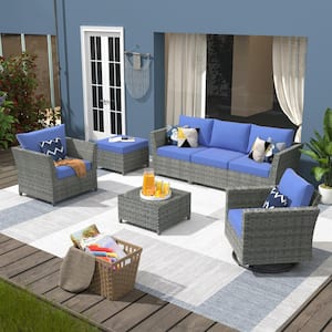 Fontainebleau Gray 7-Piece Wicker Patio Conversation Sectional Sofa Set with Navy Blue Cushions and Swivel Rocking Chair