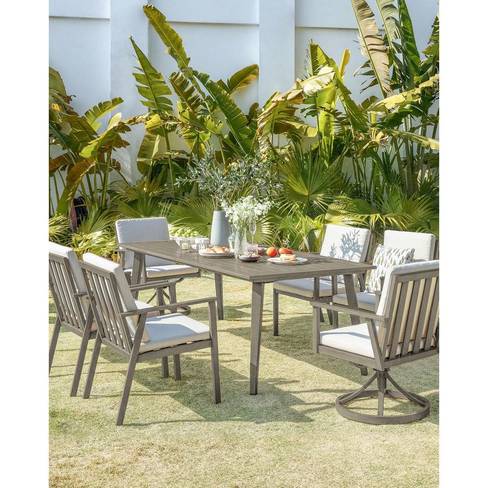 Gray 7-Piece Aluminum Outdoor Dining Set with 2-Swivel Dining Chairs, Rectangular Table and Beige Cushions
